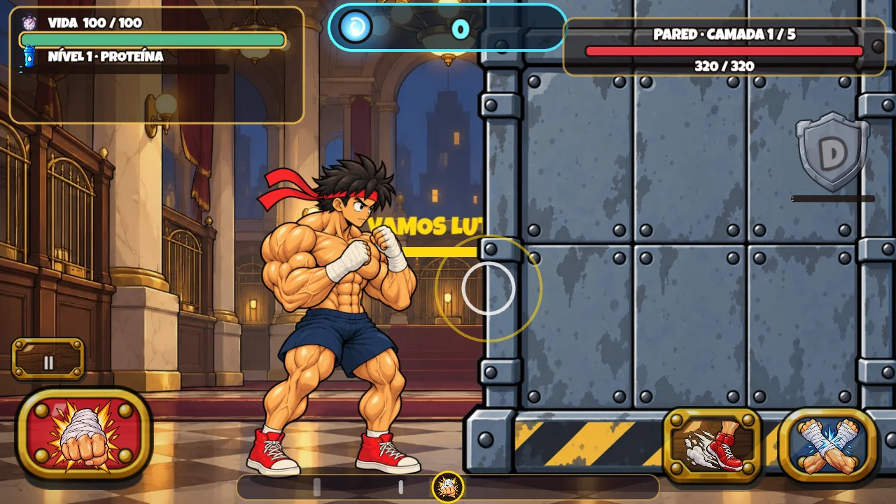 Combate de Punch Leveling com controles de toque e interface em português